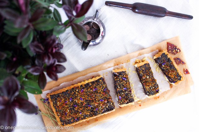 Dark Chocolate Ganache and Macadamia Tart with Violet Macadamia Praline honey salted recipe One Perfect Mess 6