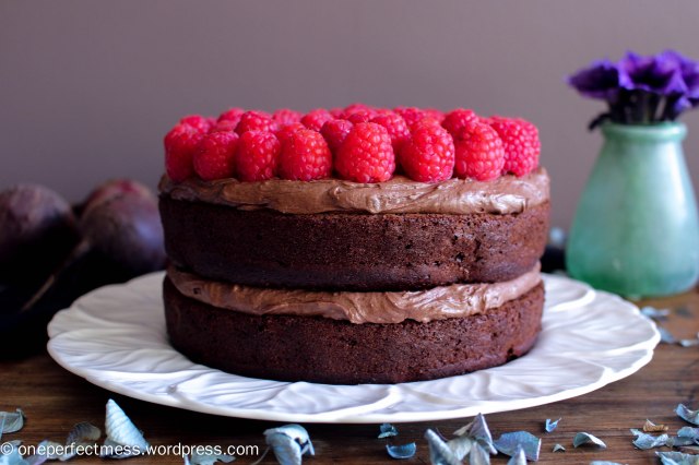 Dark Chocolate and Beetroot Cake with Chocolate Cream Cheese Frosting and Fresh Raspberries recipe One Perfect Mess moist rich soft raspberry easy 8