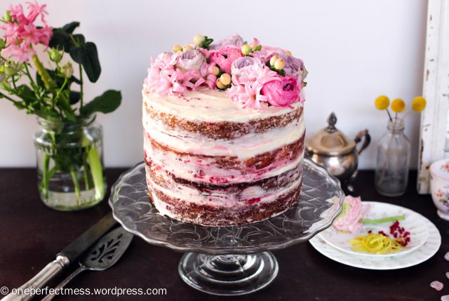 Lemon and Raspberry Naked Layer Cake recipe One Perfect Mess easy baking lemon cake raspberry cream cheese frosting raspberries from scratch fresh flowers rustic dessert 1